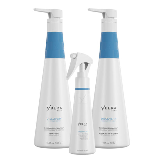 Tres productos Discovery de Ybera Paris en envases blancos con detalles azules: champú, tratamiento capilar y spray-1