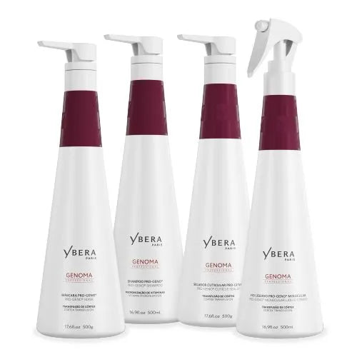 Cuatro productos capilares Genoma de Ybera Paris en envases blancos con detalles burdeos, tres con dosificador y uno con pulverizado-2