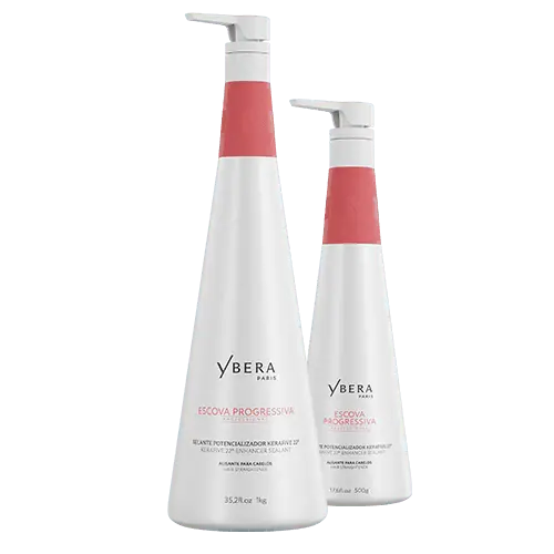 Dos envases blancos con detalles rojos y dosificador de la línea Escova Progressiva de Ybera Paris.-3